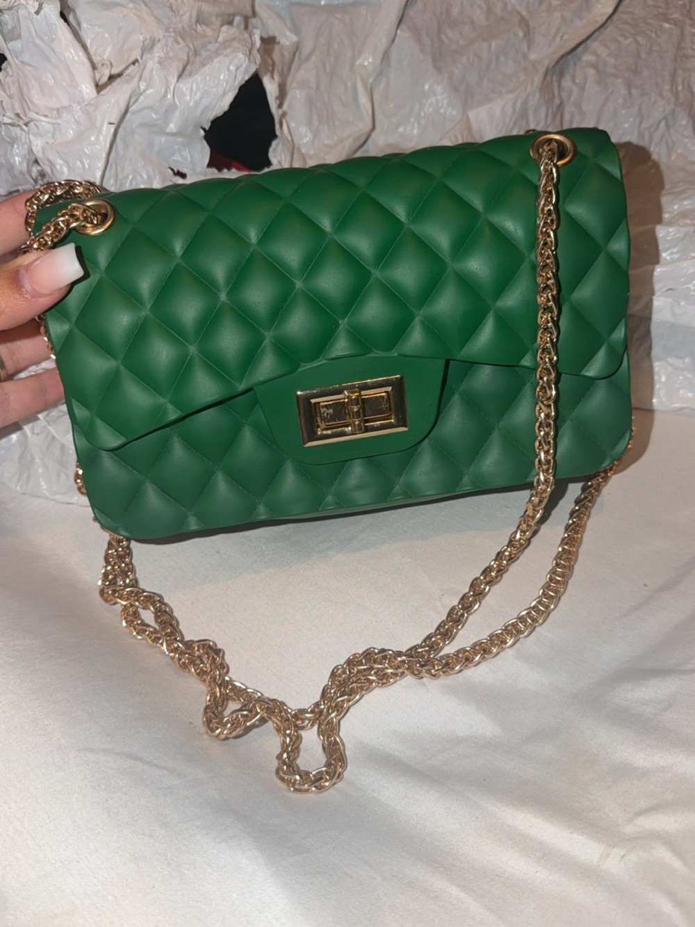 Green Quilted Chain Shoulder Bag - Gold Hardware